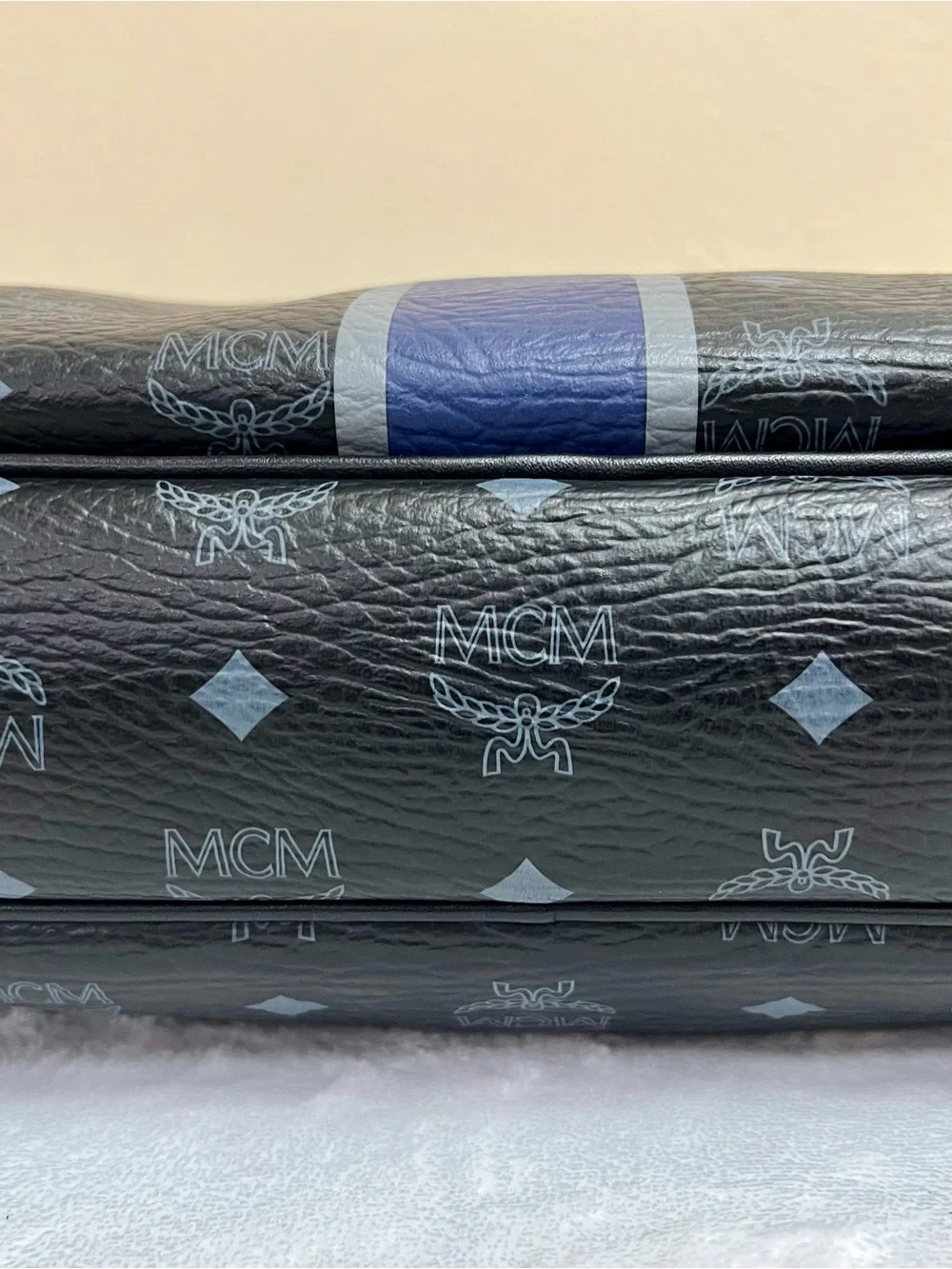 MCM Black and Blue Logo Stripe Briefcase